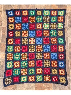 1970's Handmade Granny Square Crochet Throw With Vibrant Multicolor Squares And